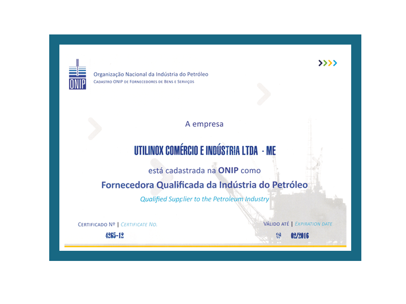 ONIP - Certificado de fornecedora qualificada da indústria de petróleo