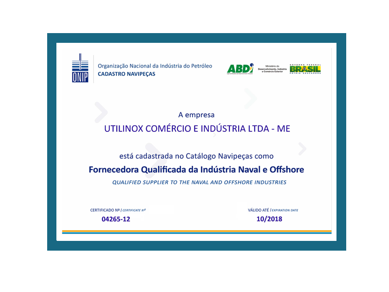 ONIP - Certificado de fornecedora qualificada da indústria Naval e Offshore