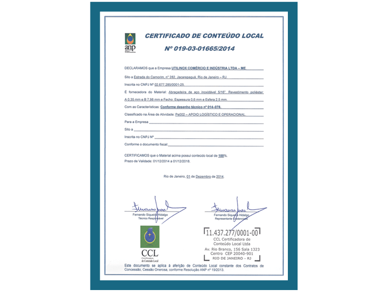 Certificado de Conteúdo Local - Abraçadeiras de Aço Inox 5/16
